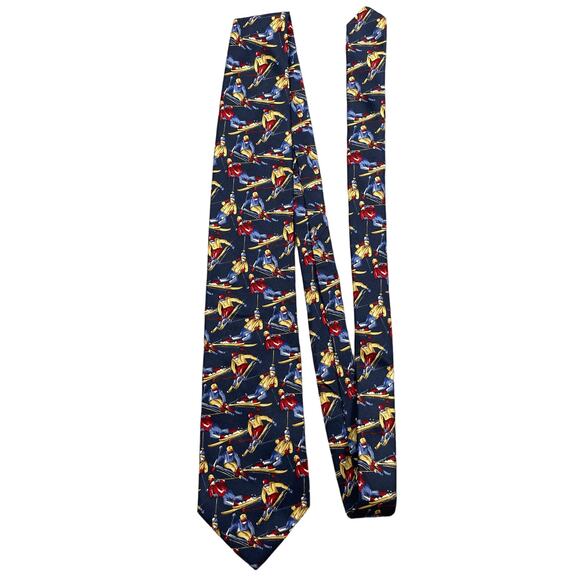 Vintage Lands' End All Over Skiing Print Silk Neck Tie - Picture 1 of 7